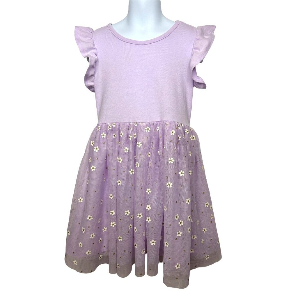 Cat & Jack Girls’ Dress S 6/6X Lavender Ruffled Cap Sleeves Daisy Overlays Party